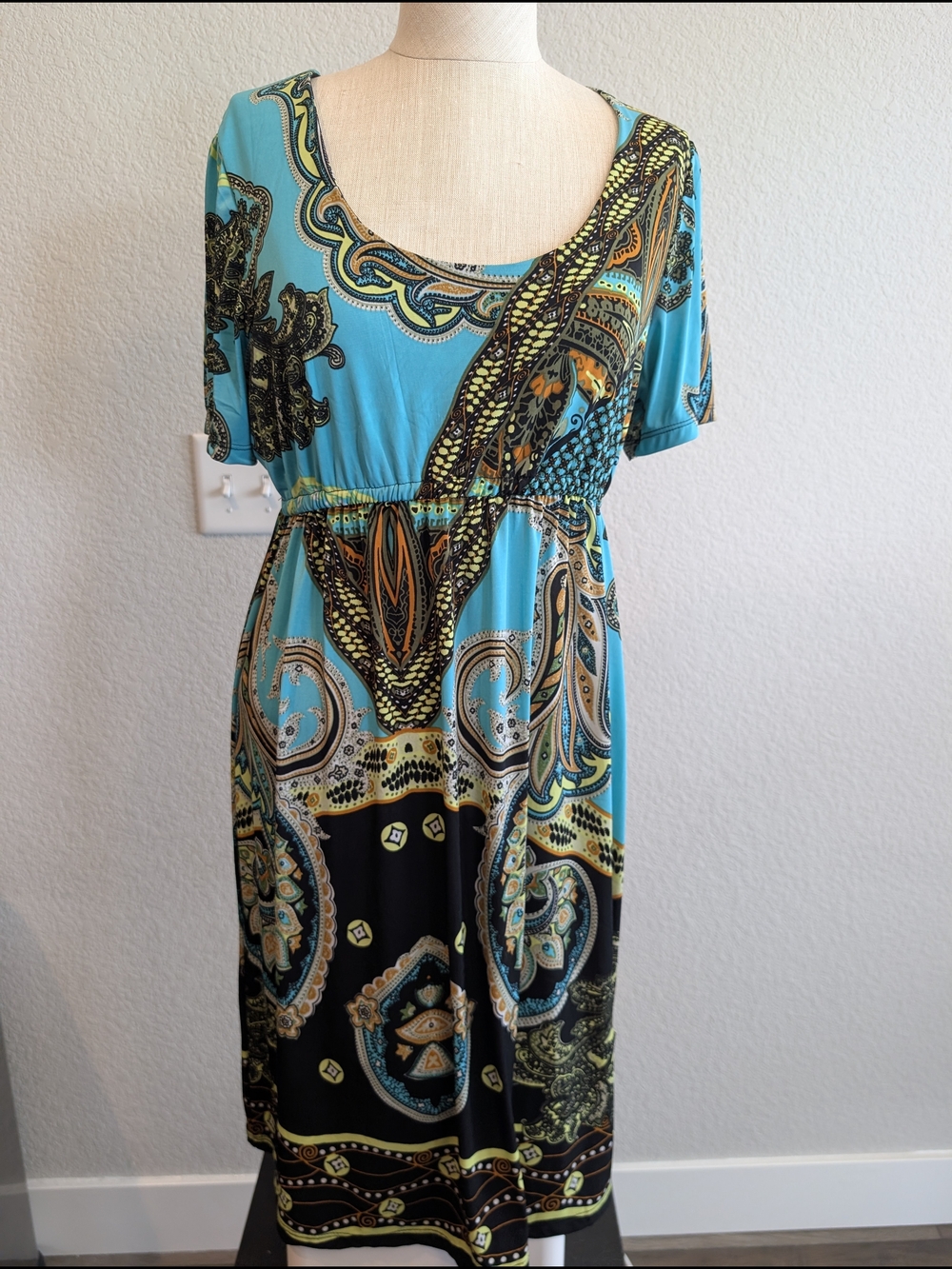 Cristinalove Sz L Turquoise and Black Paisley Midi Dress Boho Beach Vacation